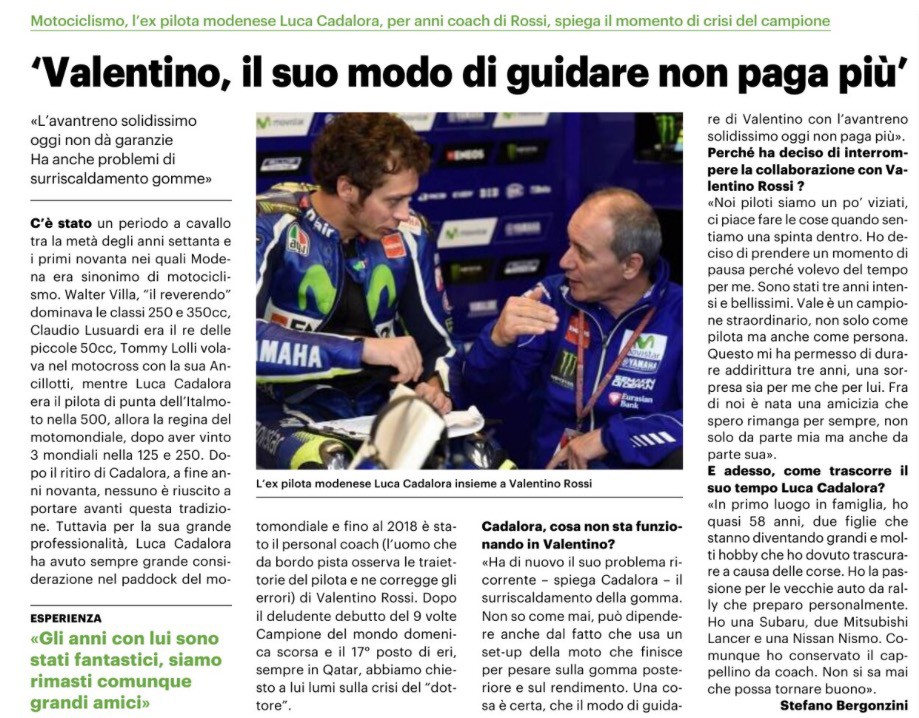 Cosa sta succedendo a Valentino Rossi? Stefano Bergonzini intervista Luca Cadalora per Il Resto del Carlino